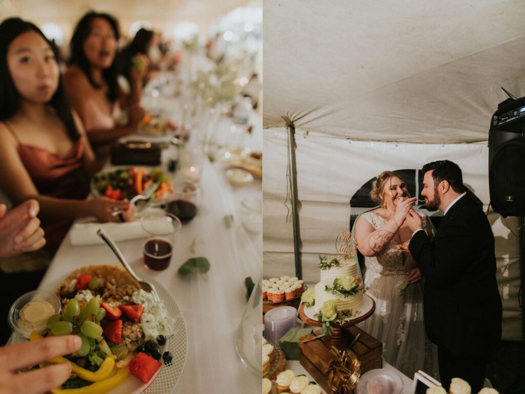 2 side by side photos, the left is of food at a table being eaten by guests of a wedding, the right is of a bride and groom feeding each other cake during their wedding reception in a tent