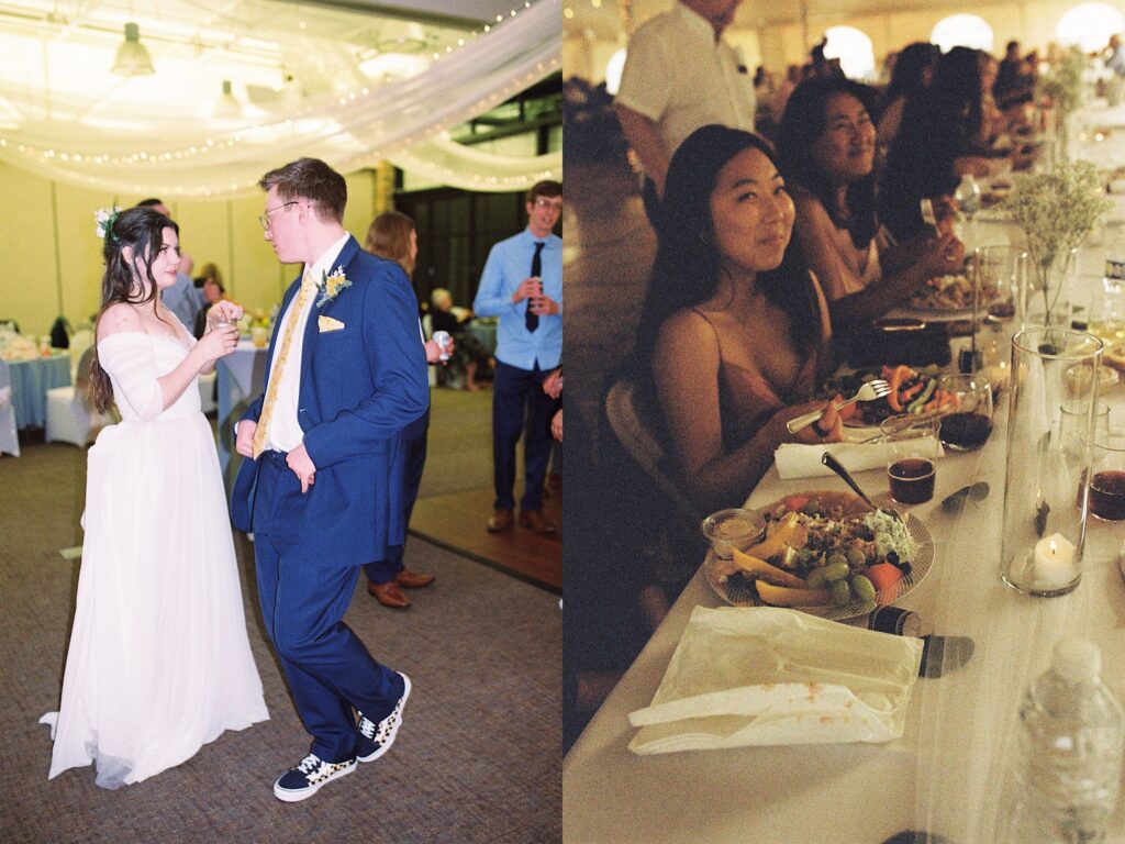 Two film photos side by side, the left is of a bride and groom dancing at their indoor reception, the right is of 2 women at a table eating and smiling at the camera during a wedding reception