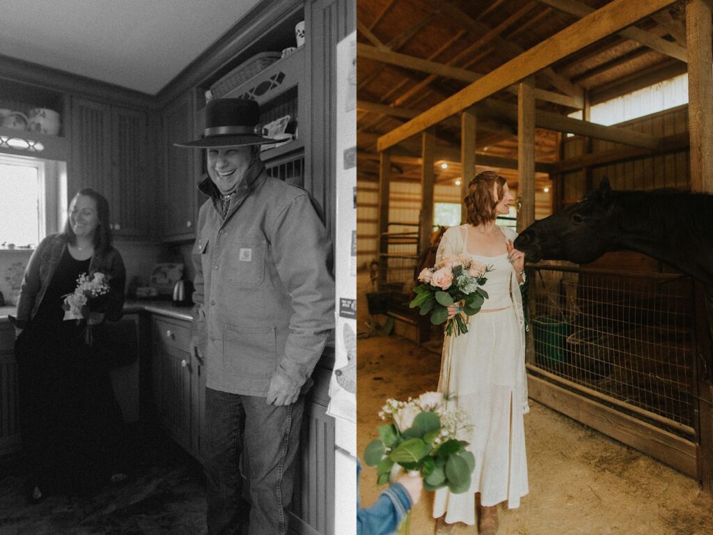 2 photos side by side, the left is a black and white photo of two people in a kitchen laughing, the right is of a bride standing in a horse stable with her bouquet as a horse sticks his head out towards her