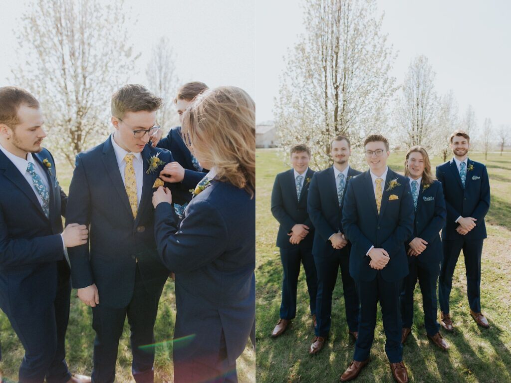 Two side by side photos, the left is of a groom standing while three of his groomsmen adjust his suit, the right is of the groom and his four groomsmen smiling and looking at the camera while in a field