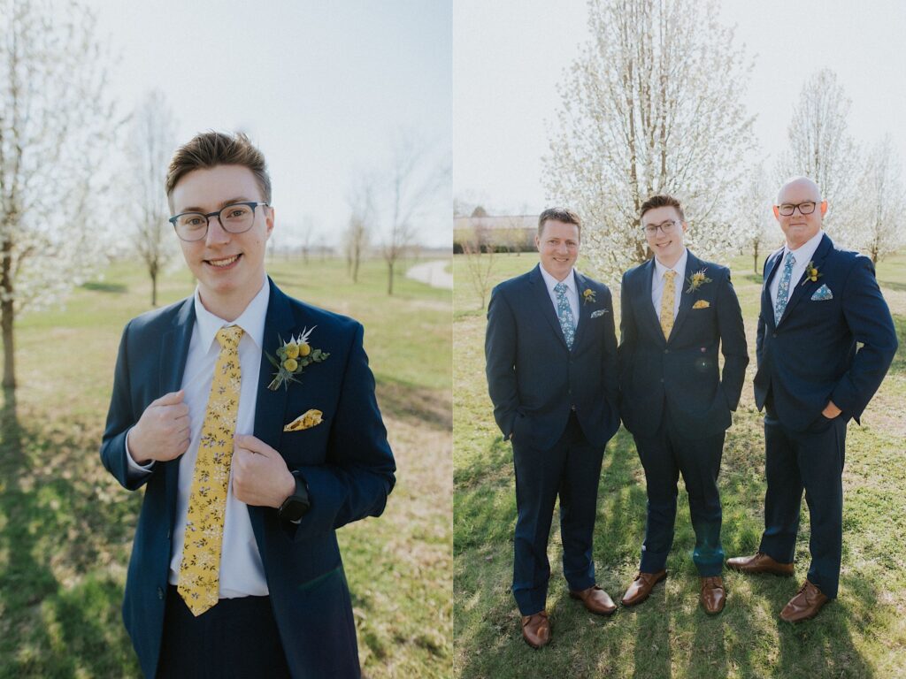 Two side by side photos, the left is of a groom standing in a field adjusting his suit coat, the right is of the groom in the field again with his father and the Bride's father on either side of him