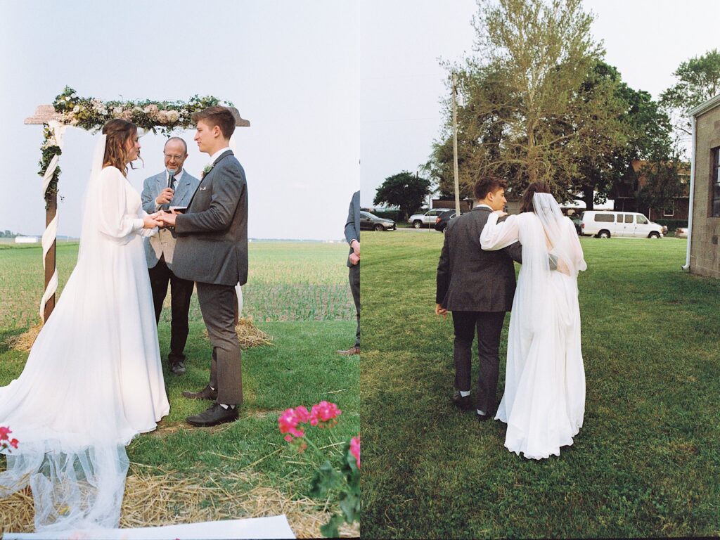 Two side by side film photos, the left is of a bride and groom holding hands during their wedding ceremony, the right is of the same couple holding one another as they exit the ceremony and walk away from the camera