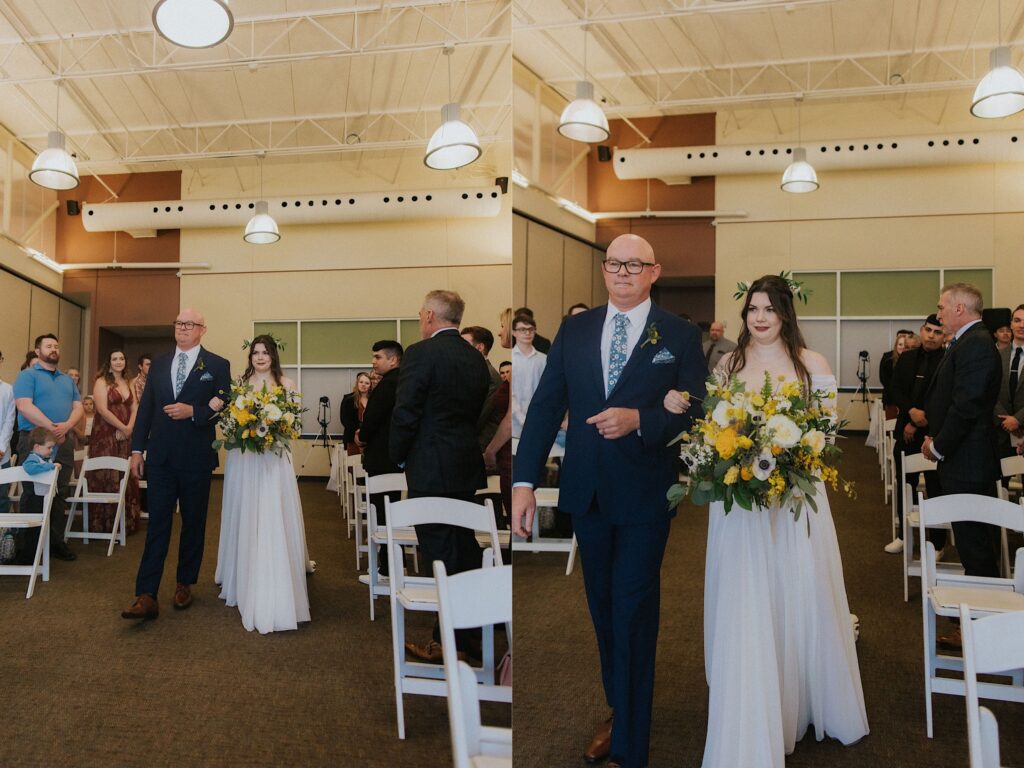 Two side by side photos of a bride being walked down the aisle by her father for her indoor wedding ceremony, the left photo they are farther away from the camera than in the right