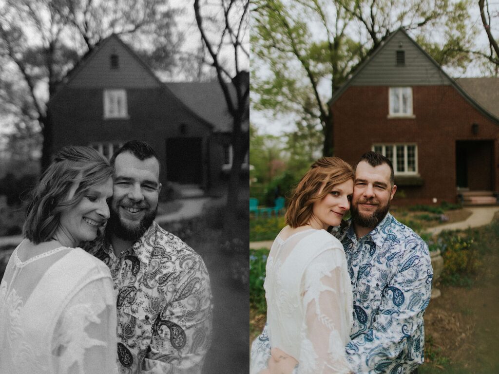 2 photos next to one another, the left is black and white and is of a bride and groom smiling as they embrace in front of their house, the right is of the same couple but in color smiling in front of their house