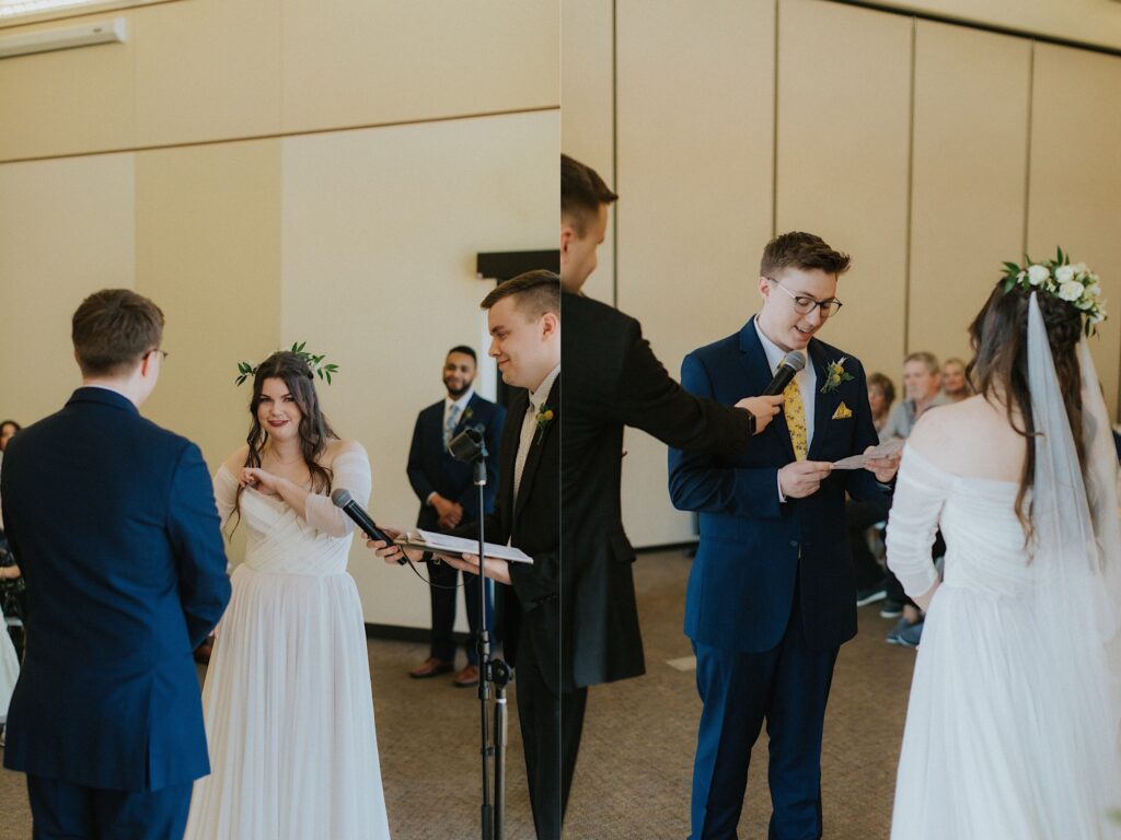 Two photos side by side, the left is of a bride adjusting her dress during the vow reading of her wedding ceremony, the right is of the groom reading his vows to the bride during their ceremony