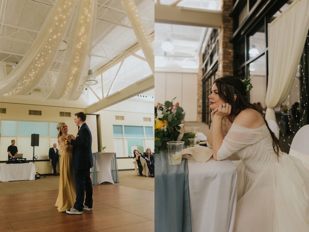 Two photos side by side, the left is of a groom dancing with his mother during his wedding reception, the right is of the bride sitting at the head table and leaning against it with her chin in her hands smiling