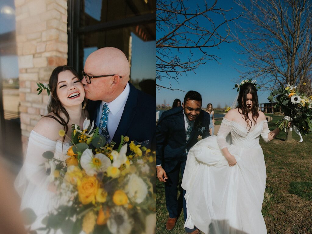 Two photos side by side, the left is of a bride smiling as her father kisses her on the cheek, the right is of a bride walking with her bouquet in hand as a groomsmen walks behind her carrying her dress