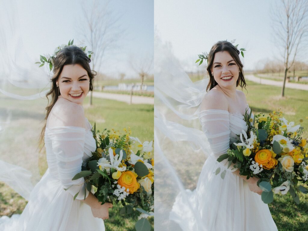 Two side by side portraits of a bride smiling in a field while holding her bouquet as her veil flows in the wind, in the left photo she is looking down while in the right she is looking at the camera