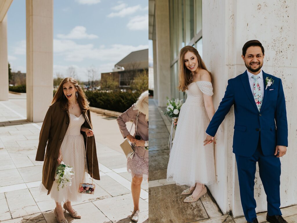 2 photos side by side, the left is of a bride with a coat over her shoulders smiling at the camera while standing outside, the right is of that same bride around the corner from the groom as they hold hands, the bride is looking at the groom while he smiles at the camera