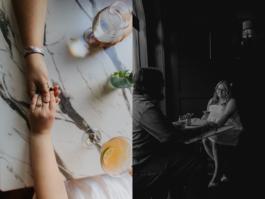 Two side by side photos, the left is a close up photo of hands holding one another over a marble table next to two drinks, the woman's hand is wearing a ring, the right photo is a black and white photo of a couple holding hands while sitting at a table in a bar