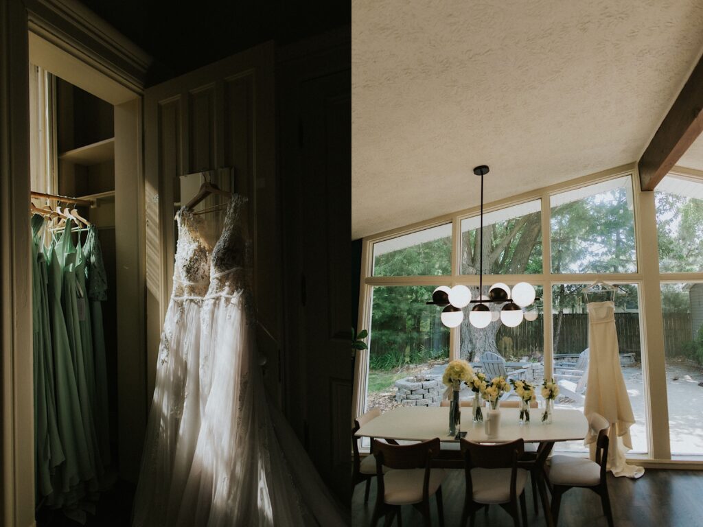 Two photos side by side, the left is of a wedding dress hanging in the sunlight with bridesmaid dresses hanging next to it, the right is of a wedding dress hanging in a dining room with a wall of windows