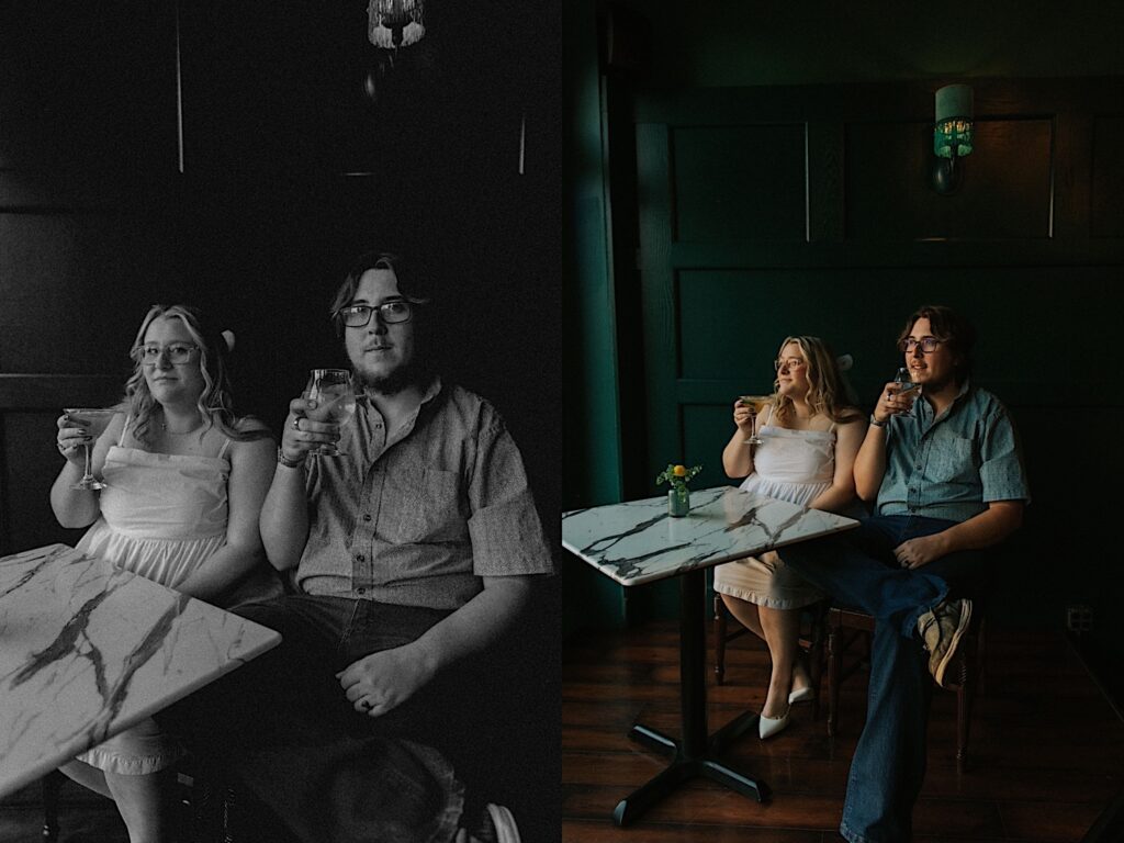 2 photos side by side, the left is a black and white photo of a couple sitting at a table each holding a drink looking at the camera, the right is of the same  couple at the table but looking out the window instead of at the camera
