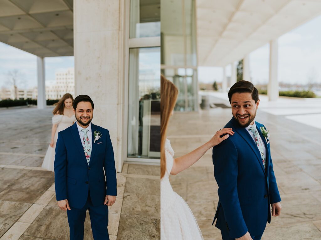 2 photos side by side, the left is of a groom smiling at the camera while the bride walks up behind him, the right photo is of the groom smiling as he looks over his shoulder to see the bride who is touching his shoulder