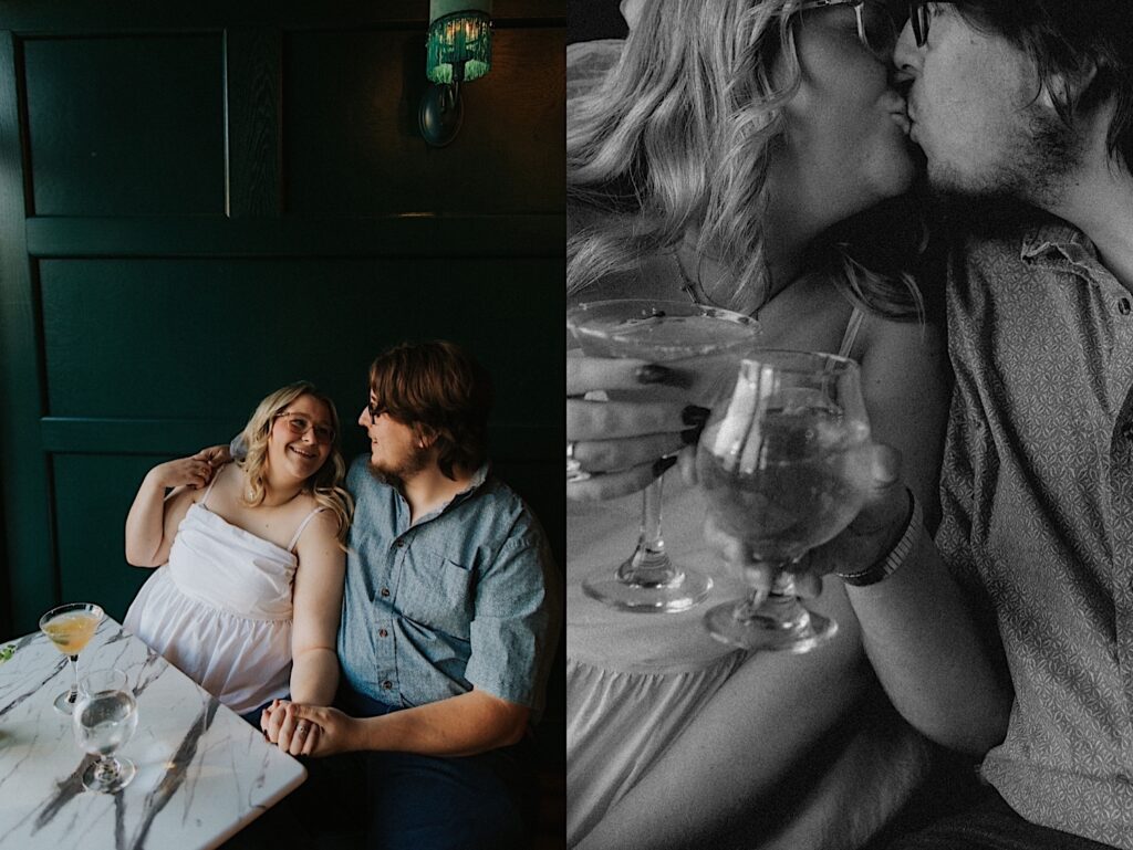 2 photos side by side, the left is of a couple sitting at a table next to one another and smiling at each other, the right is a black and white photo of the same couple but a close up of them kissing while holding their drinks