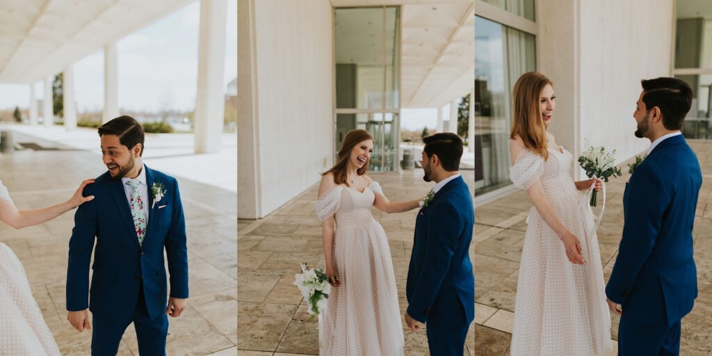 3 photos side by side, the left is of a groom smiling at a bride who is touching his shoulder from off camera, the middle is of the bride and groom smiling at one another while the bride has her hand on his shoulder, the right is of the same couple smiling and laughing with each other