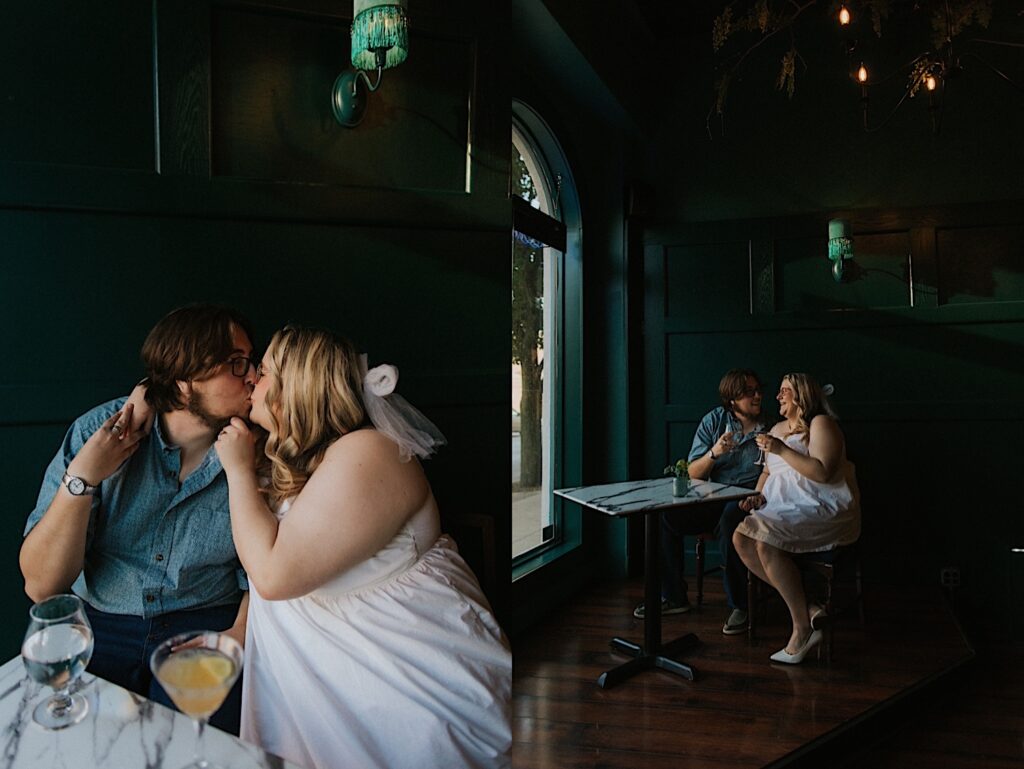 2 photos side by side of a couple sitting in a bar at a table, the left photo is a close up of the couple kissing one another and the right is a photo from farther away of the couple laughing