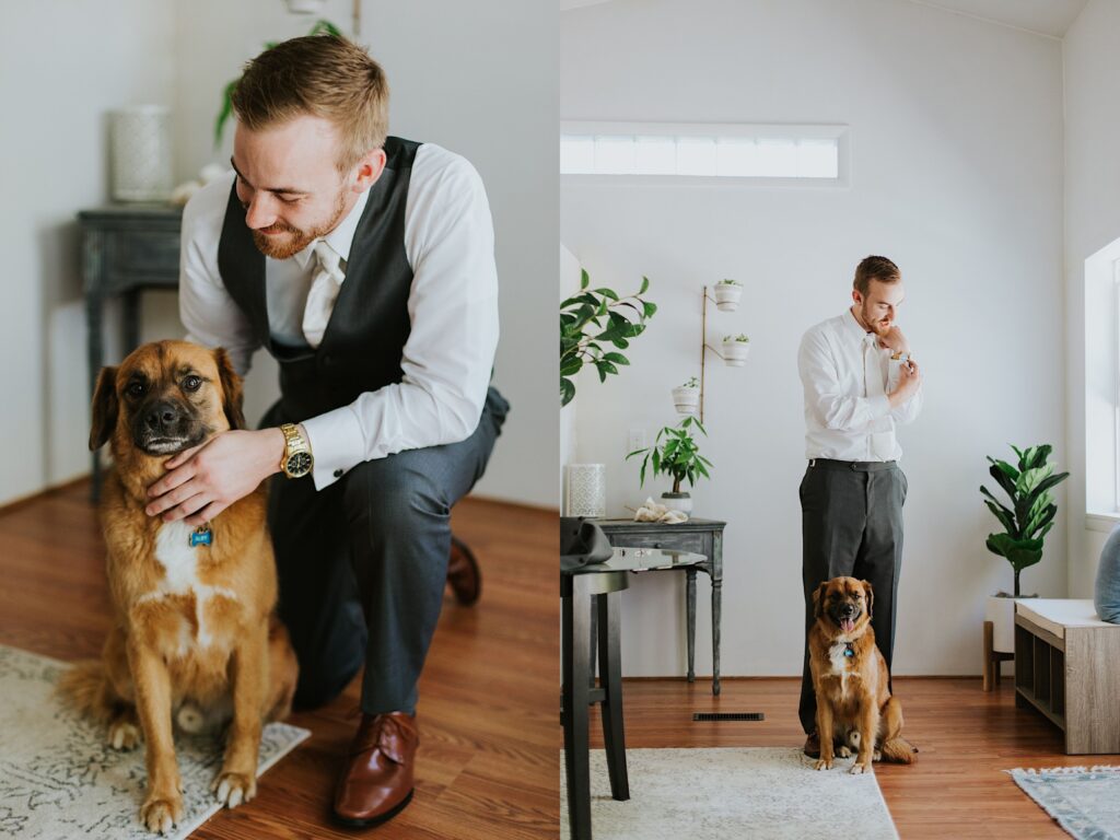 Two photos side by side, the left is of a groom smiling and kneeling next to his dog as he pets him, the right photo is of the same groom adjusting his shirt cuff while his dog sits in front of him