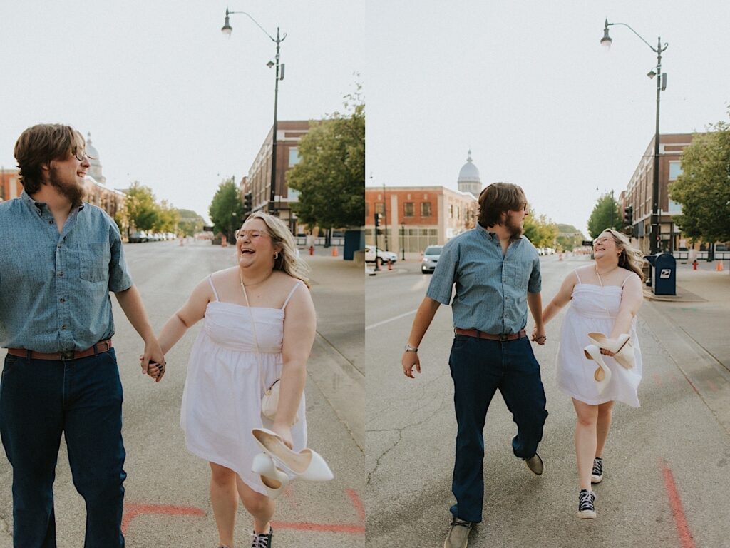 2 photos side by side of a couple walking hand in hand down a street in Springfield Illinois, in both photos the couple is laughing while walking