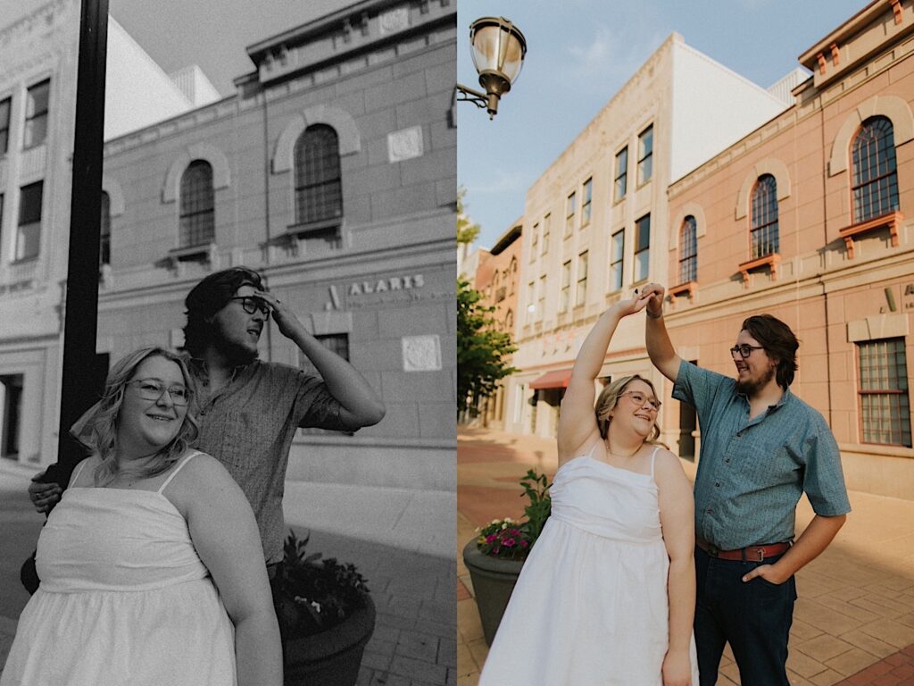 2 photos side by side, the left is a black and white photo of a couple standing on a street smiling, the right is a color photo of the same couple dancing on that same street