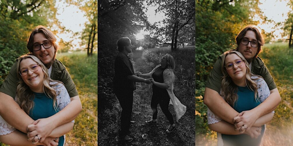 3 photos side by side, the left is of a couple smiling at the camera and the man is hugging the woman from behind, the middle is a black and white photo of the couple dancing on a walking path in a park, the right is the same as the left but with the couple not smiling, all the photos are in a park