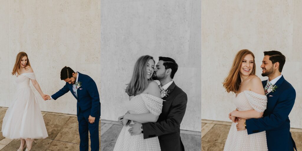 3 photos side by side of a bride and groom together, the left is of them holding hands as the groom looks down and the bride smiles at him, the middle is a black and white photo of the groom kissing her on the cheek, the right is of the groom smiling at the bride as he hugs her from behind