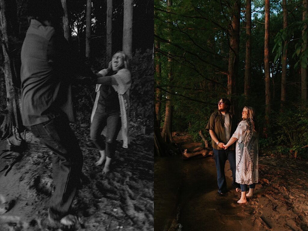 2 photos side by side, the left is a black and white photo of a couple that is barefoot dancing and laughing with one another, the right is of the same couple standing barefoot on a beach holding hands while facing one another and looking out over the water