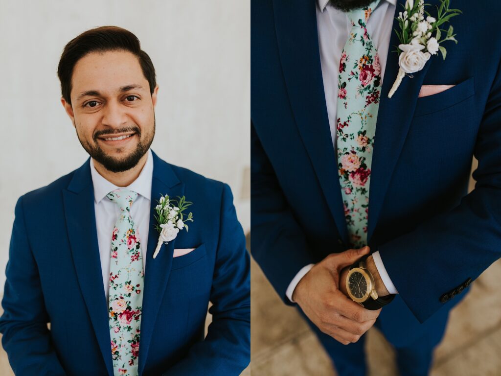 2 photos side by side, the left is a portrait of the groom smiling at the camera, the right is a shoulder down photo of the same groom's attire