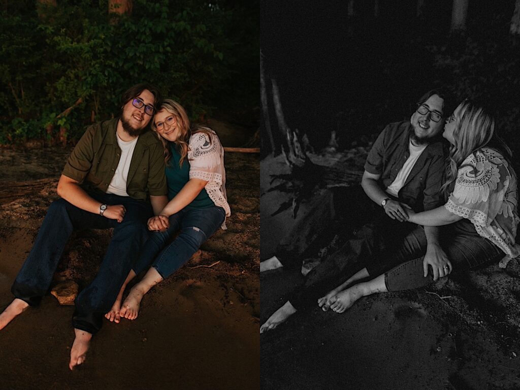 2 photos side by side of a couple sitting on a beach while barefoot, in the left photo the couple is smiling at the camera, the right photo is black and white and the man is smiling while being kissed on the cheek by the woman