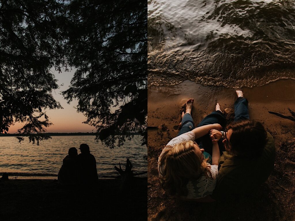 2 photos side by side, the left is a silhouette of a couple sitting in front of a lake, the right is a top down photo of the couple sitting at the lake looking at one another with their feet in the water