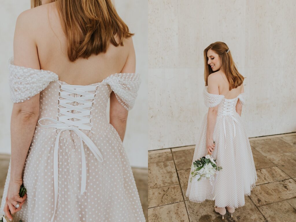 2 photos side by side, the left is of the back of a bride's wedding dress from the shoulders down, the right is of the same bride but farther away showing her smiling over her shoulder while looking down
