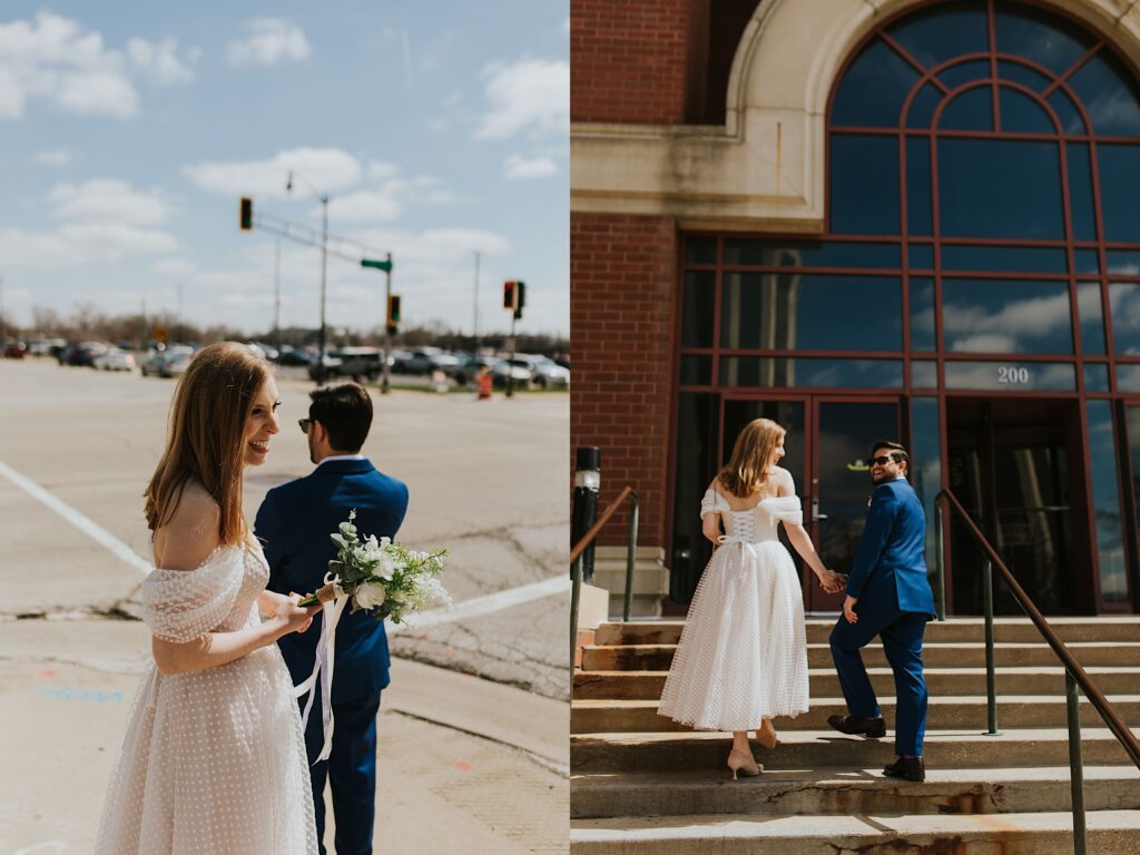 2 photos side by side, the left is of a bride smiling towards the right as a groom stands in front of her looking to cross a street, the right photo is of the same couple walking up the stairs to a courthouse