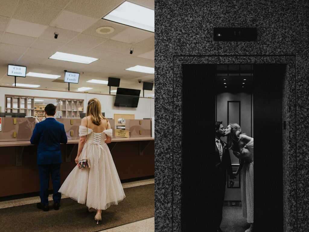 2 photos side by side, the left is of a bride and groom walking away from the camera towards a desk for their wedding paperwork, the right photo is black and white of the same couple kissing one another in an elevator as the doors close