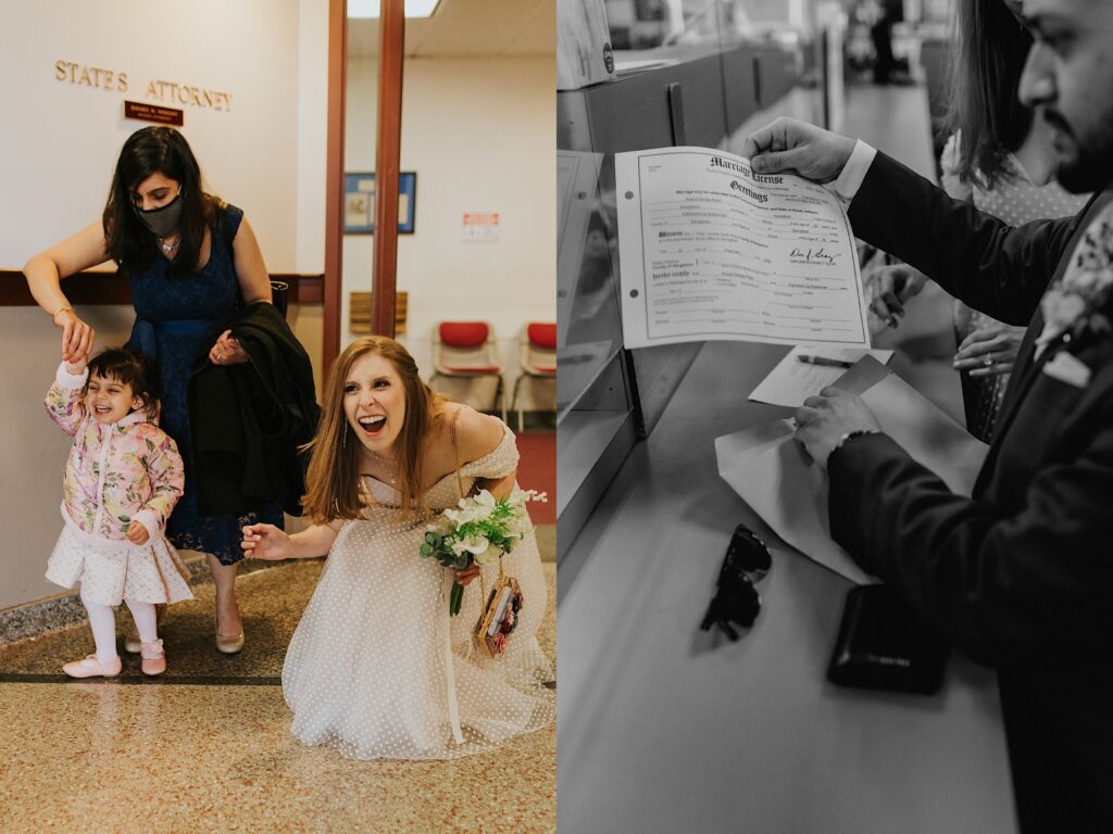 2 photos side by side, the left photo is of a bride laughing and crouching next to a small child with her mother who is also laughing, the right photo is a black and white photo of a groom holding his wedding paperwork at a desk