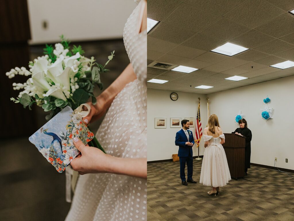 2 photos side by side, the left is of a bride holding a bouquet and a card with a peacock on it, the right photo is of the bride and the groom standing in a courtroom as they elope