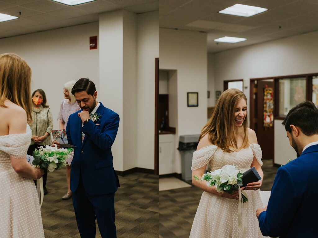 2 photos side by side of a bride and groom during their courthouse elopement, the left is of the groom giving his vows, the right is of the bride reacting with a smile to the groom's vows