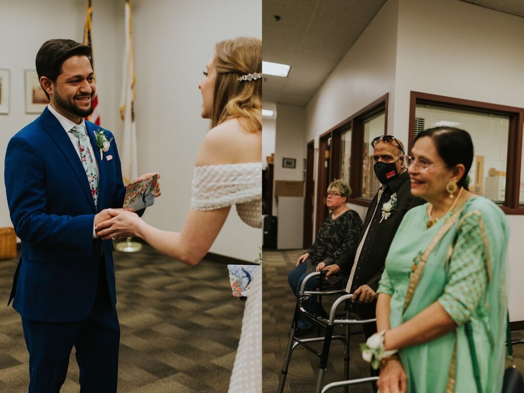 2 photos side by side, the left is of a groom smiling at a bride who is holding his hand, the right photo is of the families watching this elopement happening