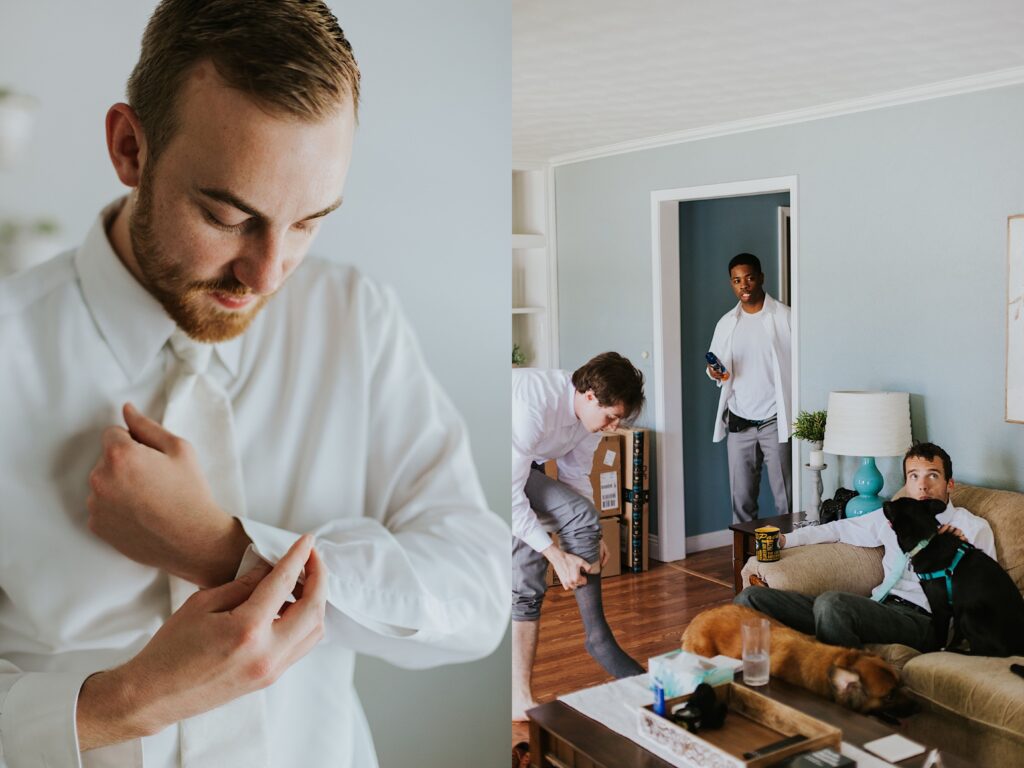 Two photos side by side, the left is of a man adjusting the cuff on his button up shirt, the right is of three groomsmen in a living room hanging out and getting ready for a wedding