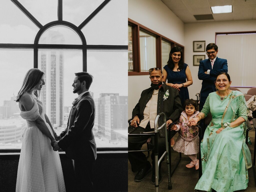 2 photos side by side, the left is a black and white photo of a bride and groom holding hands and looking at one another while standing in front of a window, the right is of the groom's family sitting in a courtroom after the elopement ceremony that took place