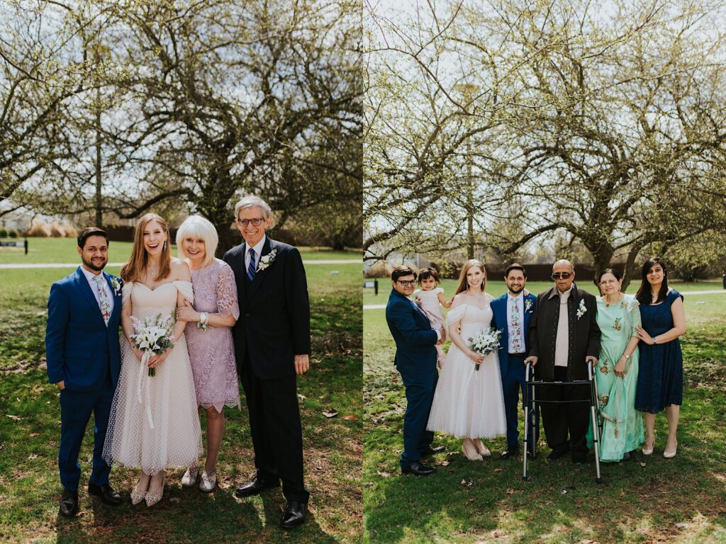 2 photos side by side, the right is of a bride and groom standing with the bride's parents, the right is of the same couple standing with the groom's family, both photos are in a park