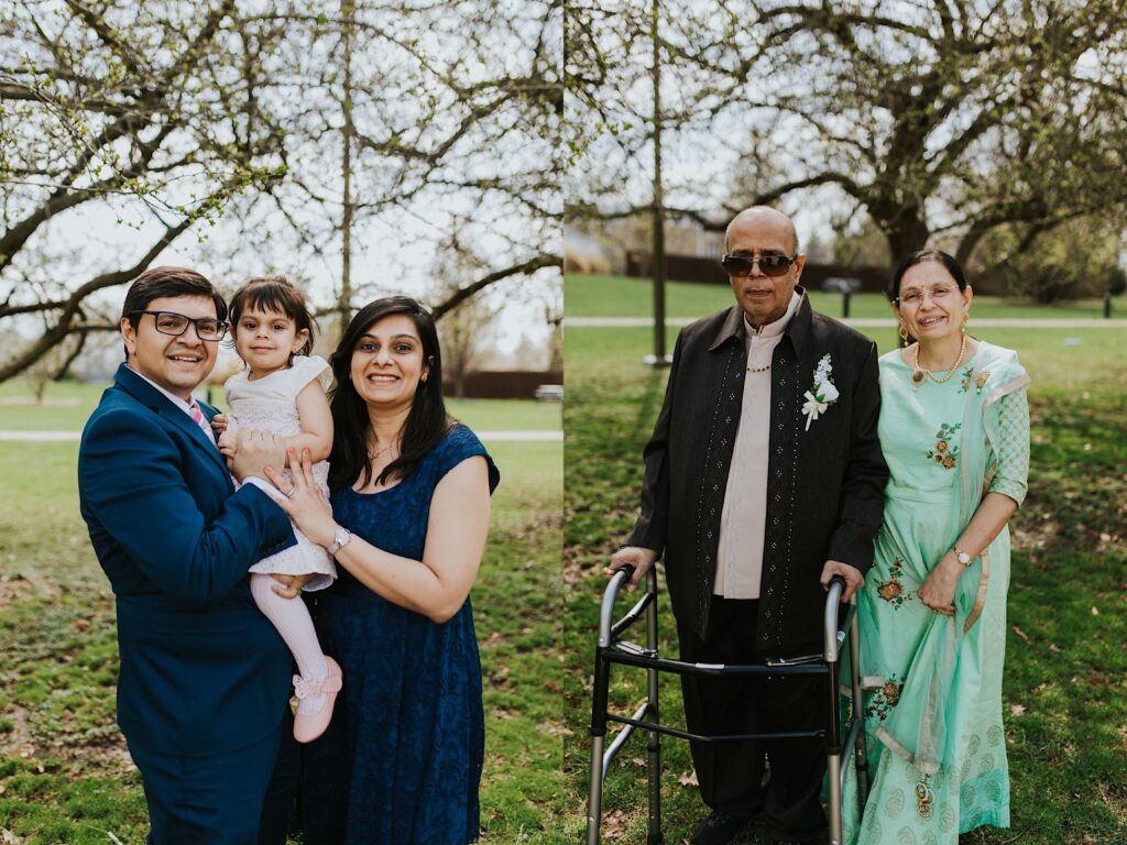 2 photos side by side, the left is of a couple holding their child between them smiling at the camera in a park, the right is of an older couple standing in a park and smiling at the camera