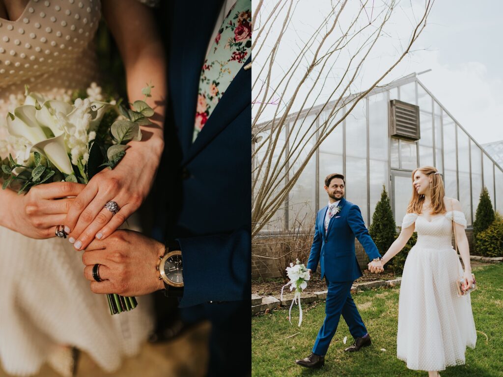 2 photos side by side, the left is a detail photo of a wedding bouquet being held by a bride and groom only showing their attire, the right photo is of the same bride and groom walking hand in hand and smiling at one another outside a greenhouse