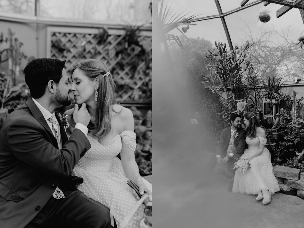2 black and white photos side by side, the left is of a bride and groom sitting together about to kiss one another, the right is of the same couple sitting next to one another and smiling at each other