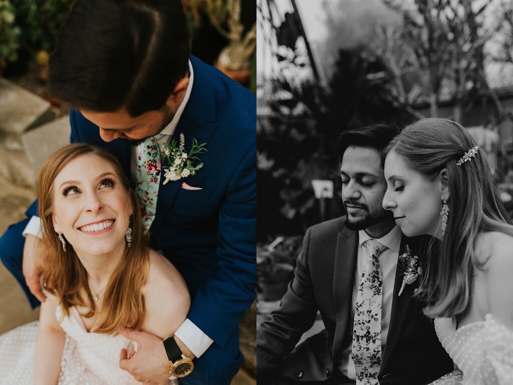 2 photos side by side, the left is of a bride looking up at the groom while sitting in front of him as he looks down on her, the right photo is black and white and is of the same couple sitting next to one another and looking at something off camera