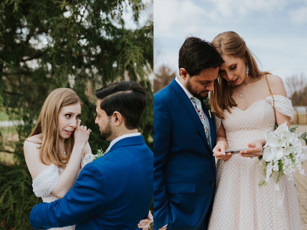 2 photos side by side, the left is of a bride crying with joy as the groom embraces her, the right photo is of the same bride and groom looking at film photos of themselves on their elopement day together