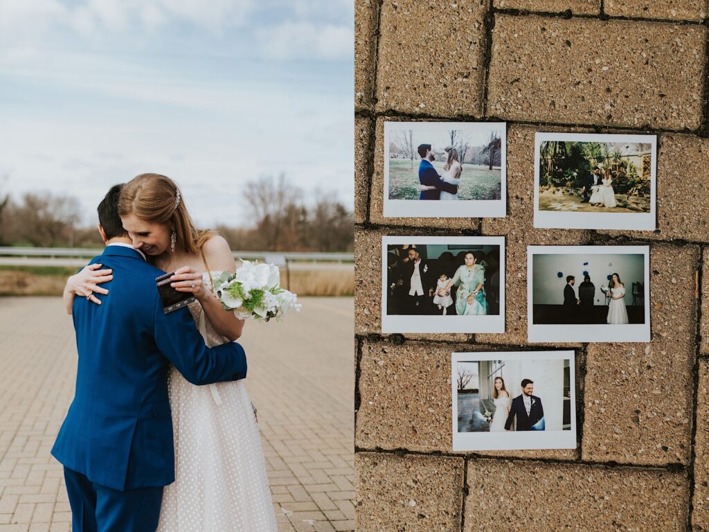 2 photos side by side, the left is of a bride and groom hugging one another in a park, the bride is holding film photos in her hand, the right photo is of those 5 film photos on the ground for display, the photos are from the couples elopement day
