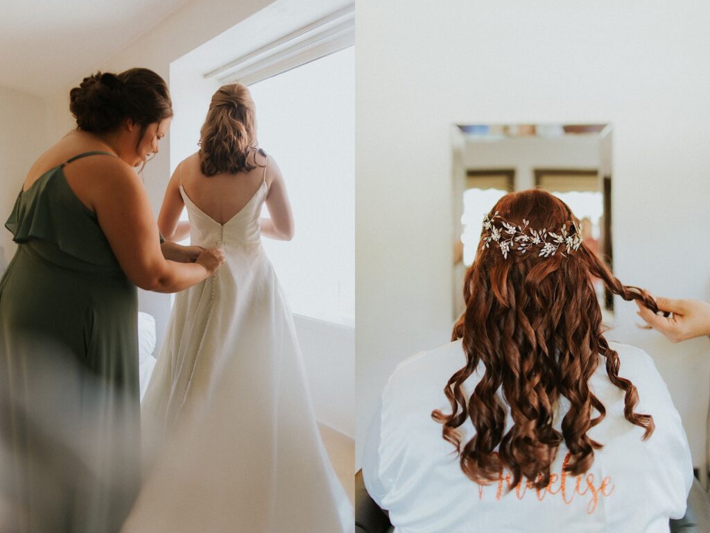 Two photos side by side, the left is of a bride standing in a window with a bridesmaid helping zip up her dress, the right is of a woman sitting facing away from the camera with a hand holding one of her curly strands of hair