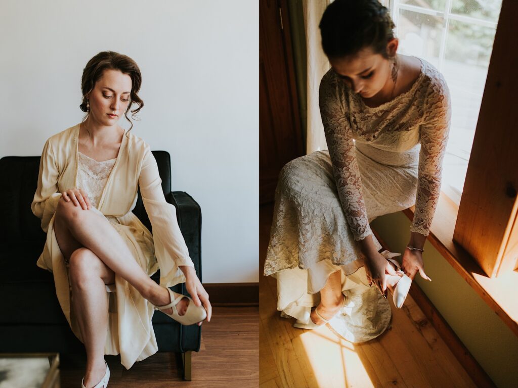Two photos side by side, the left is of a woman sitting on a couch and putting her shoes on, the right is of a woman in her wedding dress sitting on a windowsill and putting her shoes on