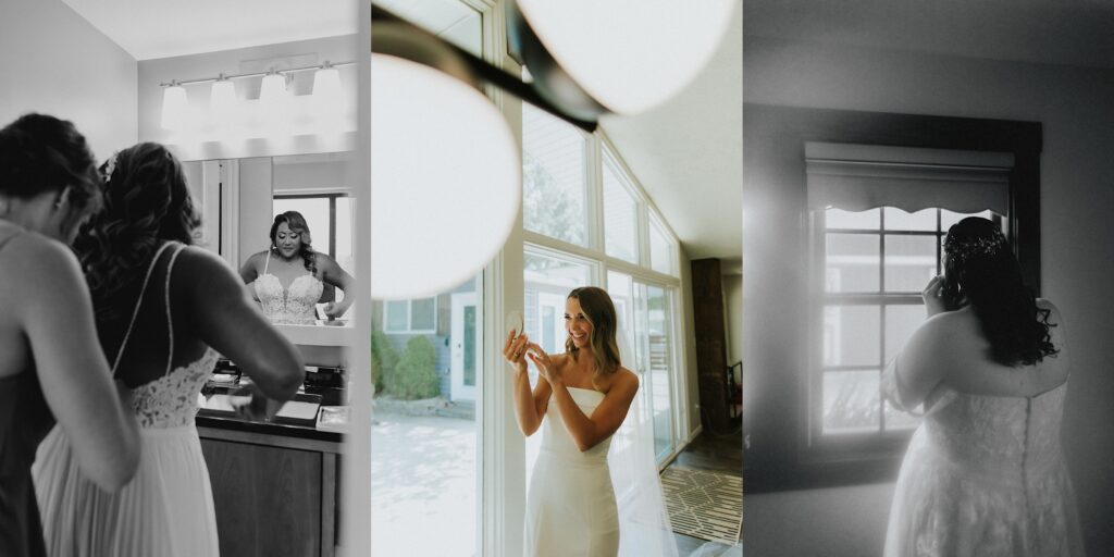 Three photos side by side, the left is in black and white of a woman in a mirror having a bridesmaid help button up her wedding dress, the middle is of a woman in front of a wall of windows looking at herself in a small handheld mirror, the right is a black and white photo of a bride in her wedding dress putting an earring on in front of a window