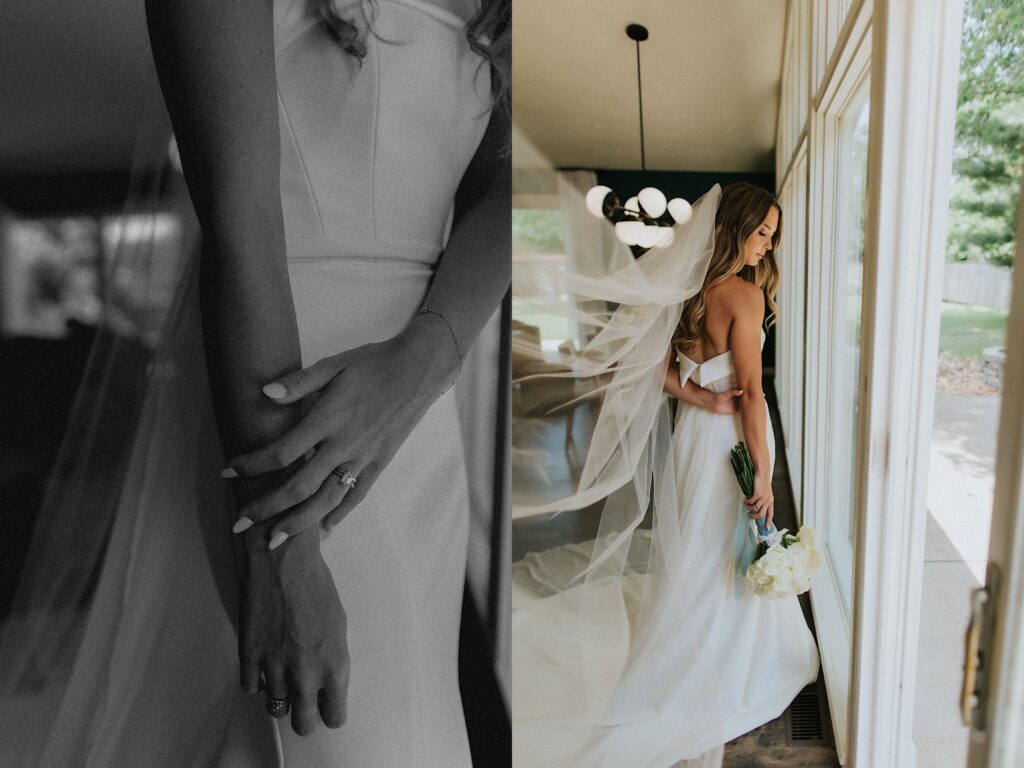 2 photos side by side, the left is a black and white photo of a shoulder down photo a bride standing and holding her own arm, the right photo is of the bride standing in front of a window and looking over her shoulder as her veil flows towards the camera
