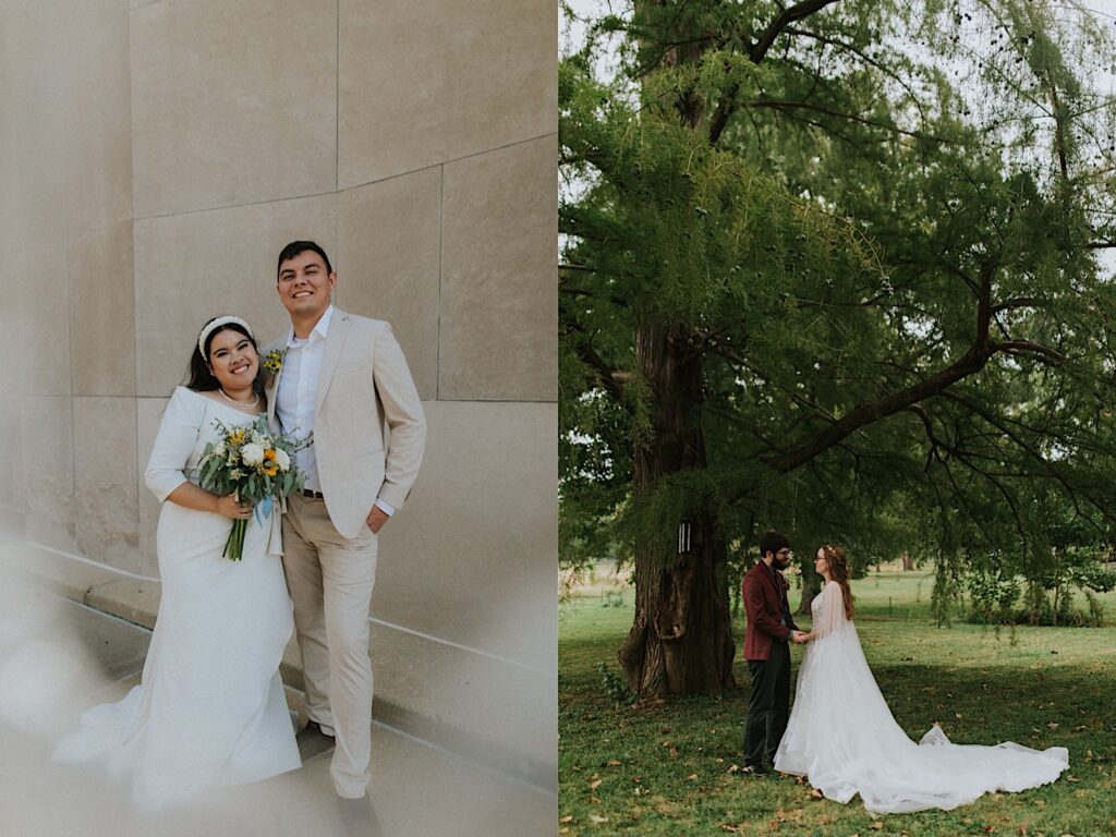 2 photos side by side, the left is of a bride and groom standing next to one another in front of a stone wall smiling at the camera, the right is of a bride and groom facing one another and holding hands while under a tree
